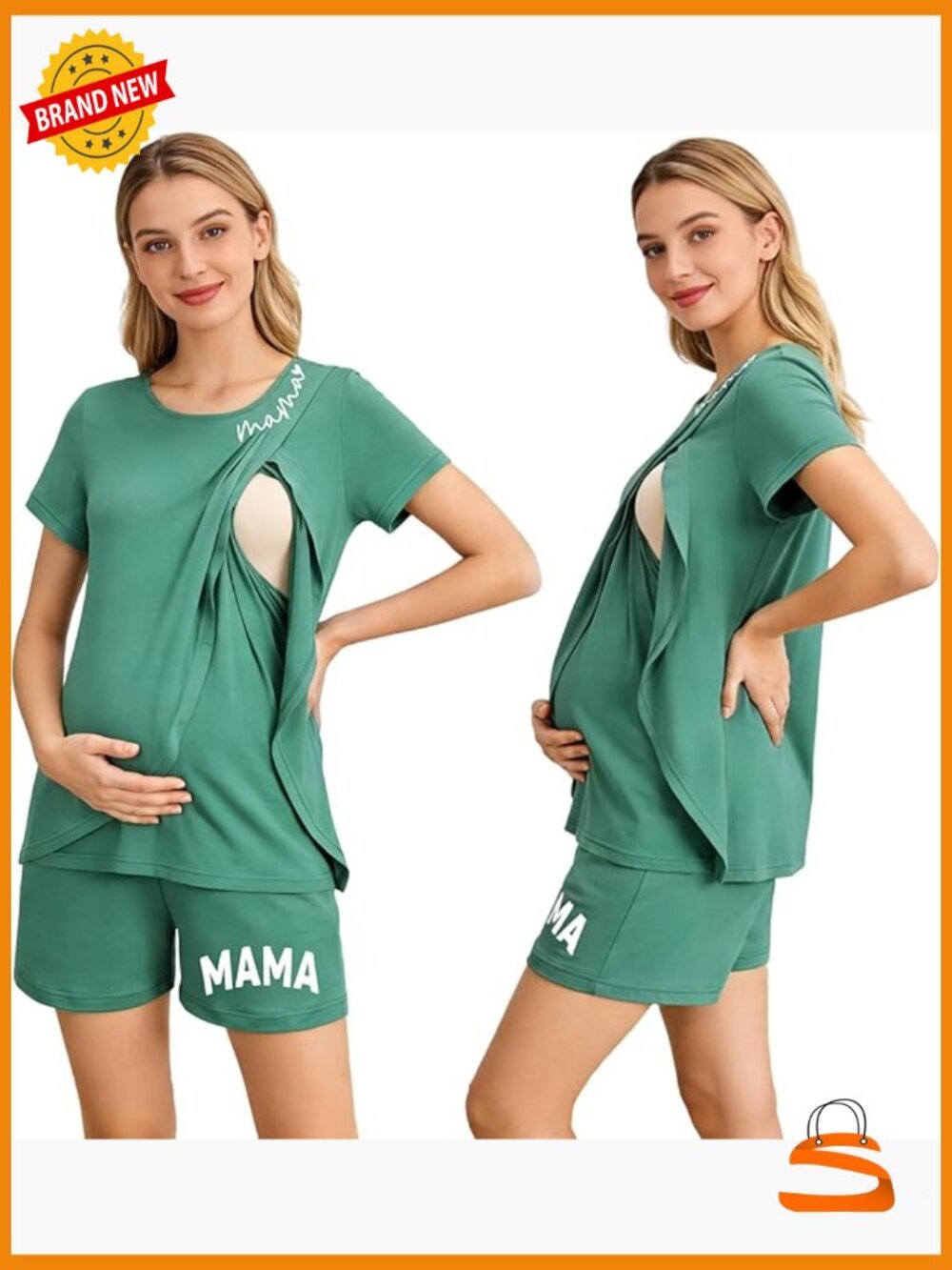 2-Piece Nursing Pajama Set Double Layer Short Sleeve Maternity Postpartum